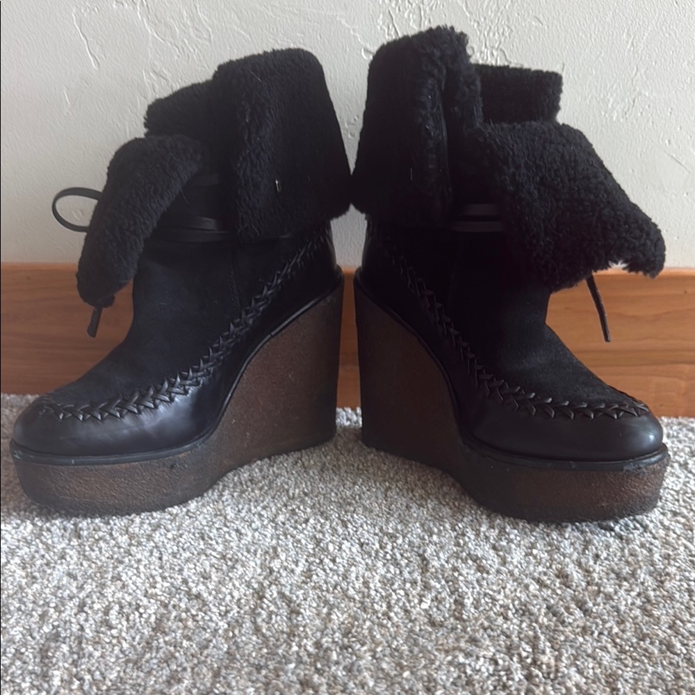 Coach Black Wedge Ankle Boots with Shearling Cuff